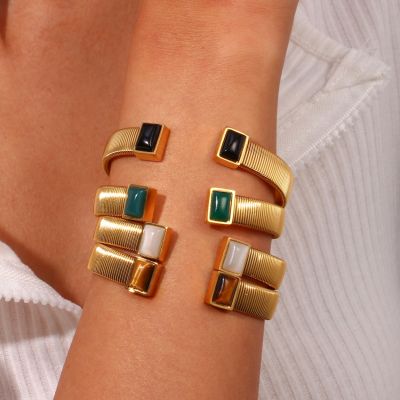 【YF】 2023 New Designer Stainless Steel Natural Stone Square Cuff Bangles Bracelets For Woman Womens Hand pulsera españa