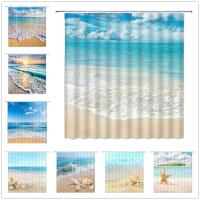 Ocean Beach Shower Curtains Sea Wave Blue Sky Hawaii Scenery Shell Starfish Home Decor Bath Bathtub Waterproof Cloth Curtain Set