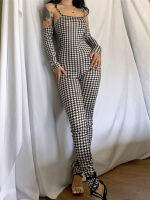 Houndstooth พิมพ์ Elegant Jump ชุดสำหรับสตรี Jumpsuits และ Rompers เซ็กซี่ Streetwear String Bodycon ชุด Overalls