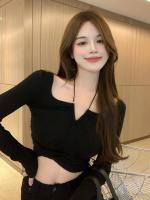 ✜♚▨ Live broadcast clothing female anchor clothing photogenic pure lust sexy halterneck top short slim slim long-sleeved T-shirt