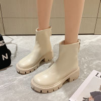 รองเท้าบู้ทผู้หญิงแบบ Sepatu BOOT Pendek พื้นหนาสไตล์อังกฤษมีซิปด้านหลังยืดหยุ่นได้สำหรับฤดูใบไม้ร่วง/ฤดูหนาว Bootscaohuatang3 Caohuatang32023