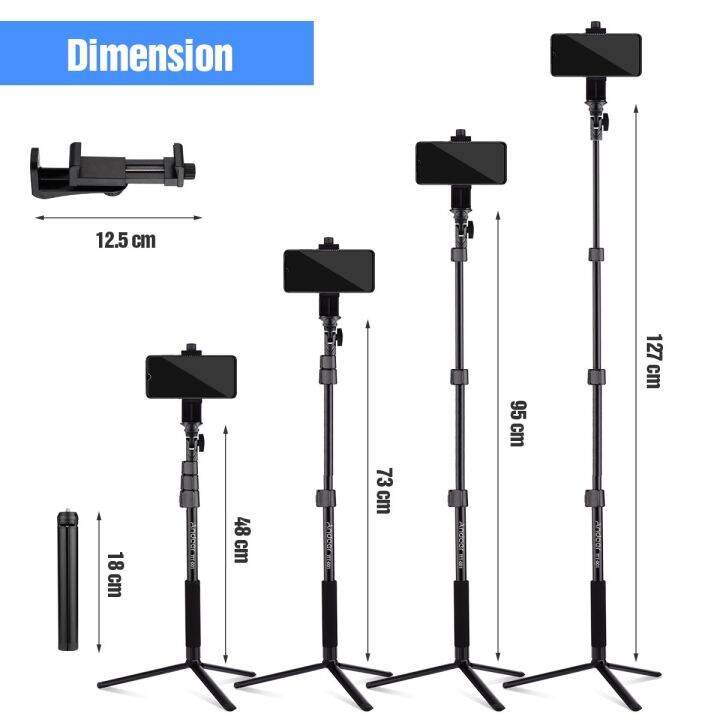 andoer-ไม้เซลฟี่54นิ้ว-ขาตั้งขาตั้งกล้องแบบยืดได้พร้อมที่วางโทรศัพท์ติดกล้องเพื่อการกีฬาอะแดปเตอร์สำหรับเซลฟี่ถ่ายทอดสด
