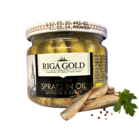 Premium Smoked Sprat in Sun Flower Oil (Jar) Riga Gold  250 gr - ปลาทะเลรมควันพรีเมี่ยมในน้ำมันดอกทานตะวัน (กระปุก) ริก้าโกลด์ 250 กรัม