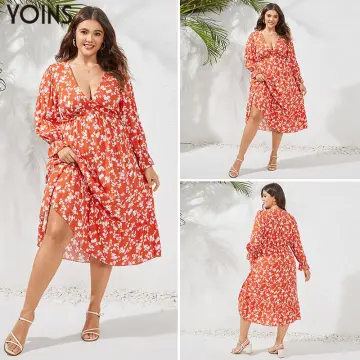 Clearance Sale)(Freeshipping) YOINS Fancystyle Women Plus Size Bohemian  Long Sleeve V-Neck Midi Dress Holiday Floral Printed Ruffled Robe Sundress