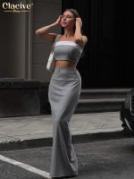 Clacive เซ็กซี่ Slim สีเทา2ชิ้นชุดผู้หญิงชุด2023 Elegant แขนกุด Tube Top สูงเอวกระโปรงยาวชุด Streetwear