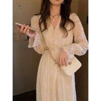 [COD] Long-sleeved dress long section early autumn new temperament goddess fan white lace