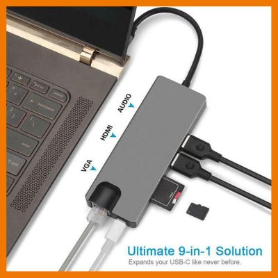 HOT!!ลดราคา 9 in 1 Multifunctional Type C Hub to 4K HD HDMI VGA TF SD USB 3.0 Audio Jack ##ที่ชาร์จ แท็บเล็ต ไร้สาย เสียง หูฟัง เคส Airpodss ลำโพง Wireless Bluetooth โทรศัพท์ USB ปลั๊ก เมาท์ HDMI สายคอมพิวเตอร์