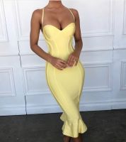 【YF】 High Quality Pink Yellow Knee Length Rayon Bandage Dress Evening Party Elegant