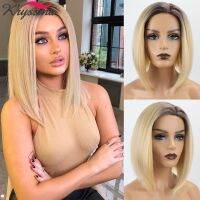 Short Blonde Bob Wig Ombre Wig with Brown Roots Straight Synthetic Lace Front Wigs For Women Glueless Heat Resistant Fiber