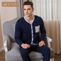 Mens Spring Autumn Cotton Dark Blue Pajamas Crew neck Long Sleeve Suit Home Suit Mens Pajamas Cardian Sleepwear Nightgown