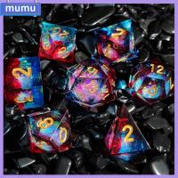 MUMU 7Pcs D4 D6 D8 D10 D12 D20 ชุดลูกเต๋าของเหลว Polyhedral เรซิน ลูกเต๋าเหลว สร้างสรรค์และสร้างสรรค์ สีดำสีฟ้าสีม่วง อุปกรณ์เสริมเกมตาราง สำหรับ D D DND