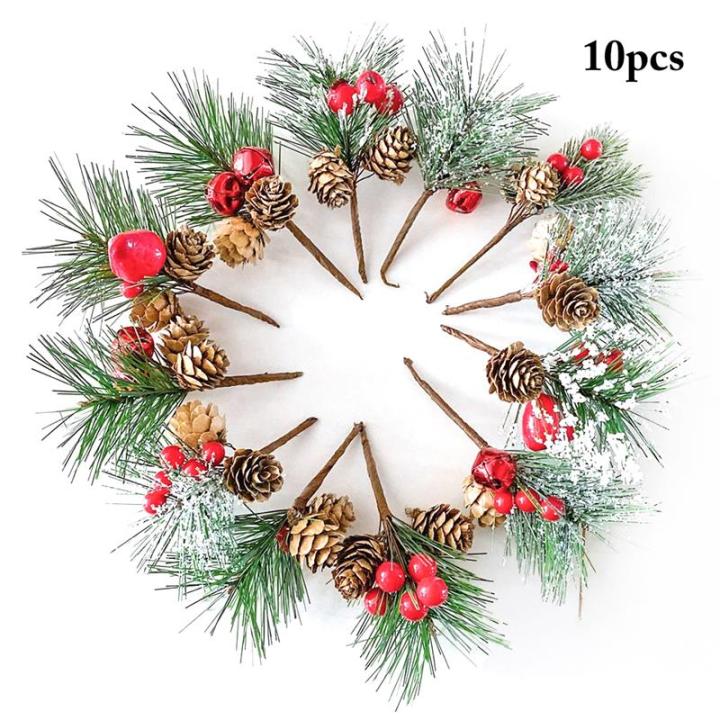 10pcs-faux-pine-เข็ม-fake-plant-stem-สำหรับ-xmas-ประดิษฐ์-pine-pick-สมจริง-pine-เข็มคริสต์มาส-pine-cone-bell-pine-cone