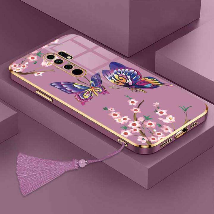 เคสสำหรับ-redmi-9-redmi-9-prime-xiaomi-poco-m2ผีเสื้อสวยงามหรูหราพร้อมกล้องดอกไม้เคสโทรศัพท์ขอบชุบกรอบซิลิโคนนิ่มพร้อมฟรีสายคล้อง