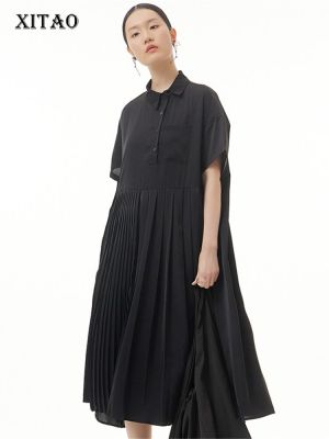 XITAO  Pleated Dress Fashion Solid Color Goddess Fan Casual Loose Dress