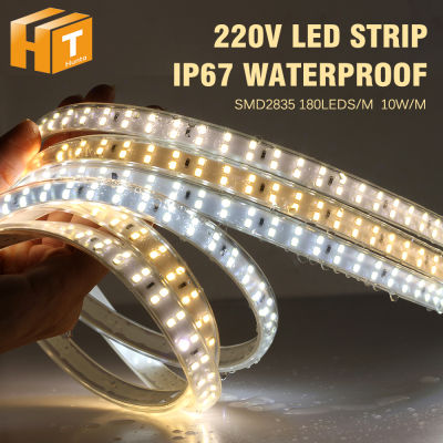 ความสว่างสูง 220V ไฟ LED Strip 2835 180LEDs / m 10W / m ไฟ LED Strip 6000K 4000K 3000K IP67 ไฟ LED กลางแจ้งกันน้ำ + สวิตช์ปลั๊ก
