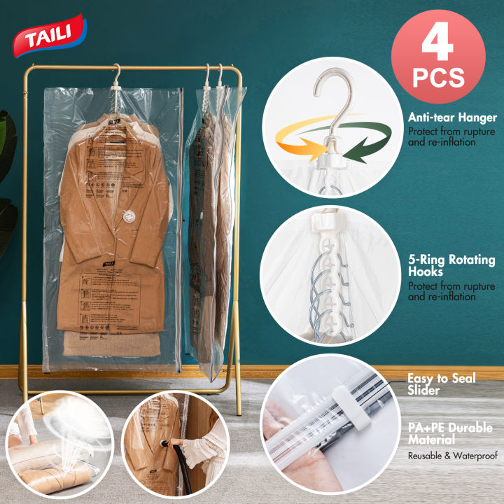 TAILI Hanging Vacuum Space Saver Bags for Clothes, 4 Pack Long 53x27.6  inches, Vacuum Seal Storage Bag Clothing Bags for Suits