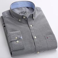 Mens Fashion Long Sleeve Solid Oxford Shirt Single Patch Pocket Simple Design Casual Standard-fit Button-down Collar Shirts