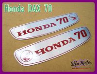 HONDA 70 FUEL TANK ALUMINUM DECAL size 3cm.x13.5cm. "RED" LETTER SET PAIR #แผ่นเพลทข้างถังน้ำมัน ซ้าย-ขวา อลูมิเนียม ตัวหนังสือแดง