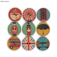 50pcs Round England Casual London Bus Print Wooden Button Handwork Sewing Scrapbooking Clothing Crafts Accessories Card 15-25mm Haberdashery