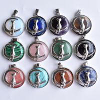 New Fashion Cat Moon Pendant for Necklace Round Natural Stone Cute Kitten Jewelry Fit Women Necklaces Gift Wholesale12pcs