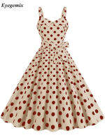 KK2023ผู้หญิงฤดูร้อนชุดลำลอง Elegant Vintage สปาเก็ตตี้ Polka Dot พิมพ์ Party Midi Vestidos 50S 60S Pinup Robeq11