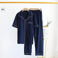 2021 Spring And Summer Couple Pajamas Two-piece Short-sleeved Nine-point Pants Pure Cotton Female Simple Home Service Set Male