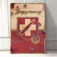 Juggernog Perk Metal Poster: ศิลปะบนผนังสไตล์ย้อนยุคสำหรับผับคาเฟ่บาร์โรงรถแผ่นเหล็กที่ไม่ซ้ำกันแขวนผนังสำหรับตกแต่งบ้าน