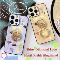 นาฬิกาประกายเพชรหรูเคสโทรศัพท์แหวนคู่รักสำหรับ iPhone 15 Pro Max 14 Plus 13 Pro 12 11 Pro XR XS Max 7 8 Plus ขาตั้งโลหะฝาครอบกันกระแทก