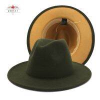 QBHAT Olive Green With Tan Bottom Patchwork Two Tone Color Wool Felt Jazz Fedora Hats Women Men Party Festival Formal Hat