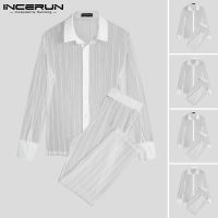 Beehoo INCERUN Mens Sheer See-Through Long Sleeve Sets Lapel StripedSuits (สไตล์ตะวันตก)