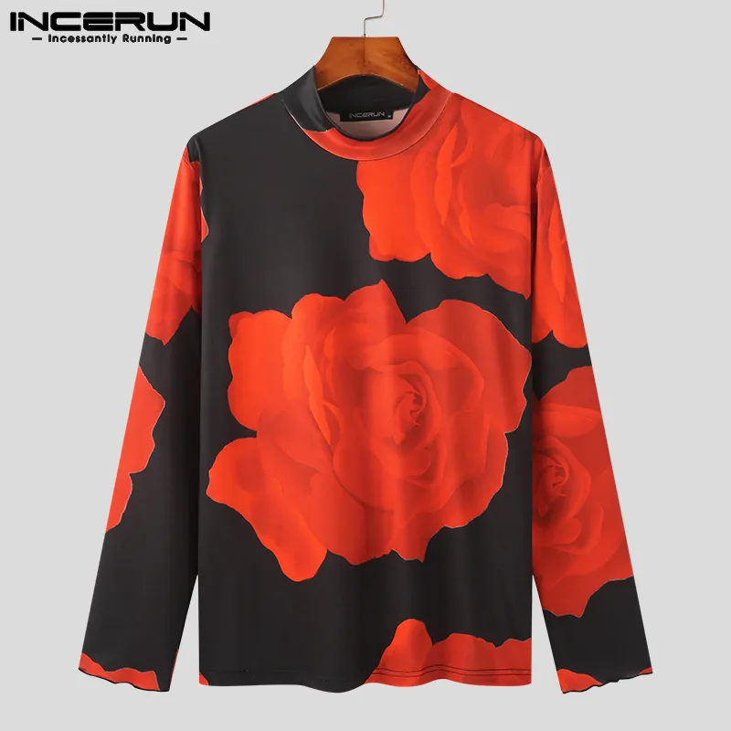 Rose Flower Print Pullover Tops Fashion Casual Men's Floral Long Sleeve  T-shirts