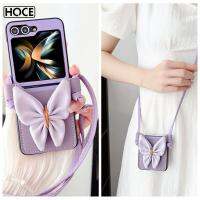 HOCE ZFlip5สง่างาม3มิติการ์ดลายผีเสื้อสล็อตยาวโซ่เคสโทรศัพท์สำหรับ Samsung Galaxy Z พลิก Flip4 Flip5 5G ปก