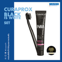 CURAPROX ชุดแปรงสีฟันและยาสีฟัน Black is White ผสม activated charcoal ช่วยขจัดคราบสีจากอาหาร ปราศจากสารฟอกสี กลิ่นเฟรชไลม์ ขนาด 90 มล.