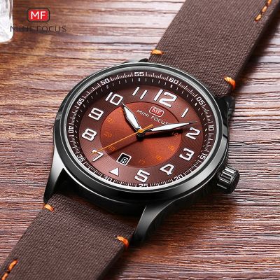 （A Decent035）MINI FOCUS Men 39; SWatches Large Numbers ArmyLeather Strap Wristwatch Manelogios Clock 0166G Coffee