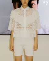 Rotsaniyom Eyelet Cotton Lace Short Sleeves Cropped Shirt with Ruffled Details