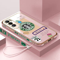 เคสเคสมือถือสำหรับ Tecno Pova Neo ฟรีสายคล้อง + โลโก้ Starbucks แฟชั่นเคสขอบสี่เหลี่ยมชุบฝาหลังนิ่ม