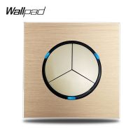 Wallpad Gold L6 3 Gang Triple Light Switch 1 Way 2 Way Brushed Gold Aluminum Metal Plate Push Return Button Blue LED Indicator