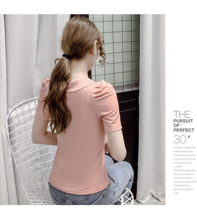 เสื้อสตรีสไตล์เกาหลีตาข่ายประกบขนาดบวกพัฟแขนเสื้อยืดหญิงฤดูร้อนใหม่สุภาพสตรีแข็งท็อปส์