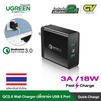 UGREEN รุ่น 40583 QC3.0 Wall Charger ปลั๊กชาร์จ USB 2 Port Max 36W for Samsung S10 S9 S8 Plus S7 S6 Edge Note 1, iPhone 11 11 Pro MAX XS XR, iPad, Huawei, Xiaomi, LG, Moto, Sony, HTC (Black, US Plug)