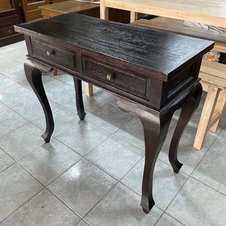 ประกอบแล้ว-โต๊ะไม้สัก-สีโอ๊ค-โต๊ะวางพระ-โต๊ะทำงานไม้สัก-สูง-80x90x40-cm-ชั้นวางทีวีไม้สัก-ขากวาง-โต๊ะชิดผนัง-โต๊ะวางของ-teak-wooden-table-oak-color