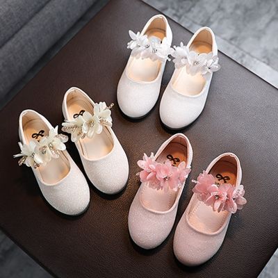 2023 Childrens Leather Shoes Girls Glittering Flower Princess Shoes Spring Summer Baby Party Wedding Kids Flats Dress Shoes