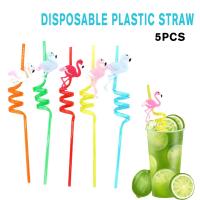 5 Pcs Set Disposable Plastic Straw Flamingo Mixed Color Straws For Cocktail Decoration Party Spiral Drink A4K3