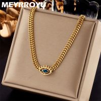 MEYRROYU 316L Stainless Steel New 18k Gold Plated Blue Eyes Cuban Link Choker Statament Necklace For Women Men Party Gift Bijoux