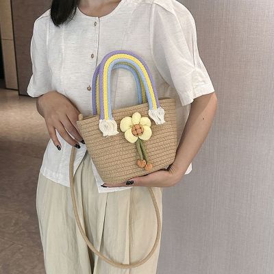 Designer Floral Rainbow Cotton Rope Woven Bag Female Handbags Small Totes Womens Summer Beach Bag Purses Casual Shoulder Bags