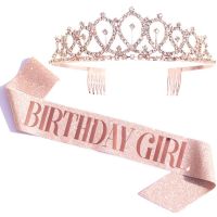 Birthday Girl Sash &amp; Rhinestone Tiara Kit - Rose Gold Birthday Gifts Glitter Birthday Sash Birthday Party Favors, 2 Sets