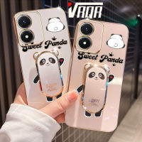 VRQR สำหรับ Vivo Y100 Y02S 6DStraight Edge ชุบที่บังน้ำแข็งแพนด้ายืนนุ่มหรูหราคุณภาพสูงเคสโทรศัพท์