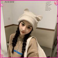 XUESHE น่ารักน่ารักๆ หมวกถักนิตติ้ง ของเกาหลี หูแมวหู หมวกสวมหัว แฟชั่นสำหรับผู้หญิง สีทึบทึบ หมวกคลุมศีรษะ