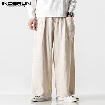 INCERUNกางเกงขายาวเอวยางยืดสำหรับผู้ชาย,กางเกงขายาวผ้าคอตตอนทรงหลวมสวมใส่สบาย