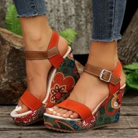 onlcicn Womens Floral Print Wedge Sandals, Colorful Open Toe Buckle Strap Heels, Fashionable Slingback Platform Sandals