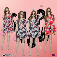 ME18553 Jumpsuit #สาวอวบ จั้มสูทไหล่ล้ำคอปก กระดุมหน้า ขาสั้น มีกระเป๋าล้วงข้าง ทรงปล่อย เนื้อผ้า 100D พิมพ์ลาย ใส่สบาย ทรงน่ารัก เหมาะกับวันสบายๆเลยค๊าา